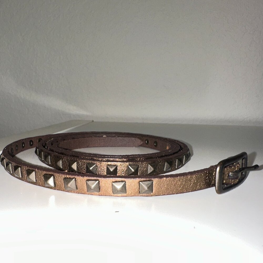 Vintage brass copper metallic leather skinny belt with metal studs